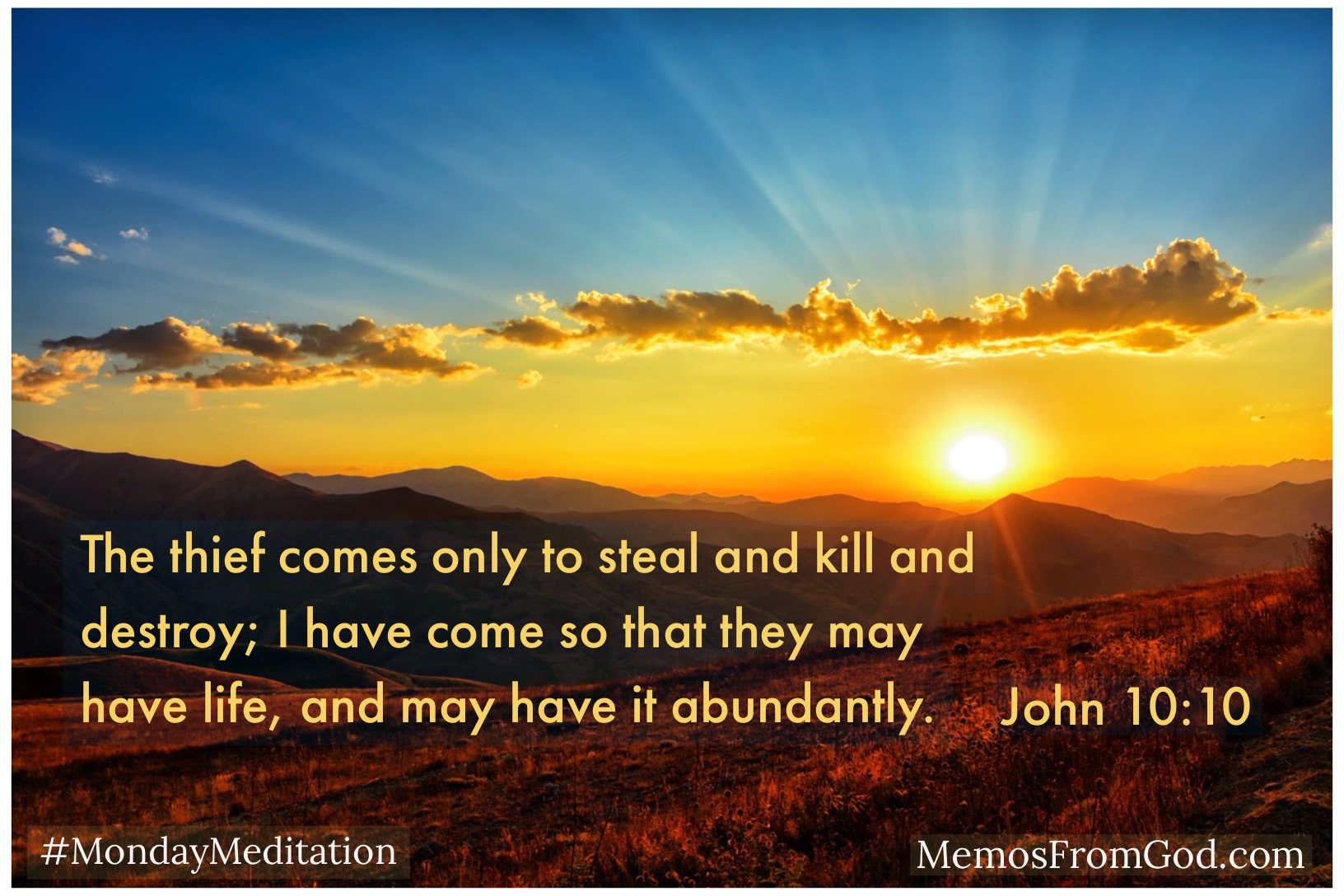 The thief comes only to steal and kill and destroy; I have come so that they may have life, and may have it abundantly. John 10:10