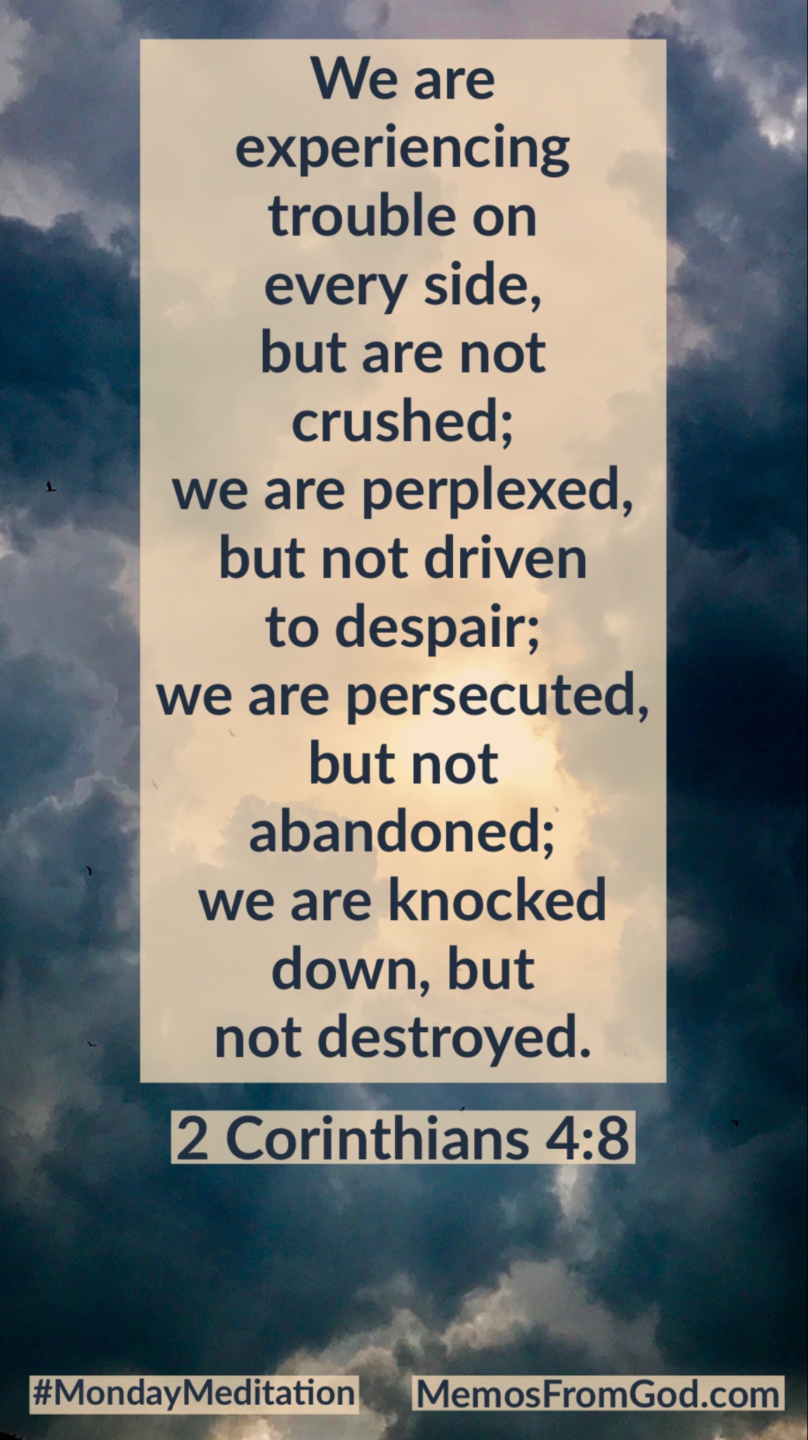 We are experiencing trouble on every side, but are not crushed; we are perplexed, but not driven to despair; we are persecuted, but not abandoned; we are knocked down, but not destroyed. 2 Corinthians 4:8