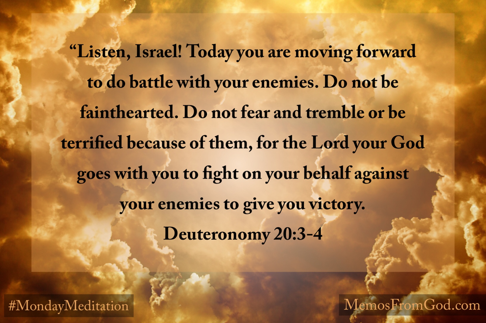 “Listen, Israel! Today you are moving forward to do battle with your enemies. Do not be fainthearted. Do not fear and tremble or be terrified because of them, for the Lord your God goes with you to fight on your behalf against your enemies to give you victory. Deuteronomy 20:3-4