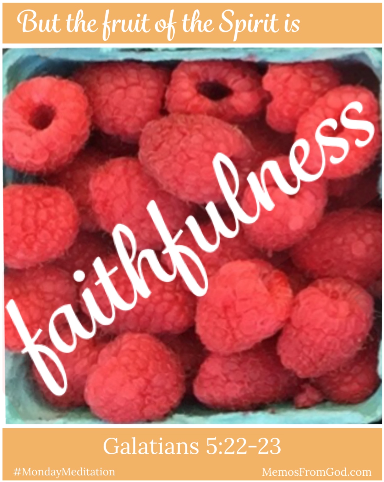 The top view of a pint box of red raspberries. Caption: But the fruit of the Spirit is faithfulness. Galatians 5:22-23