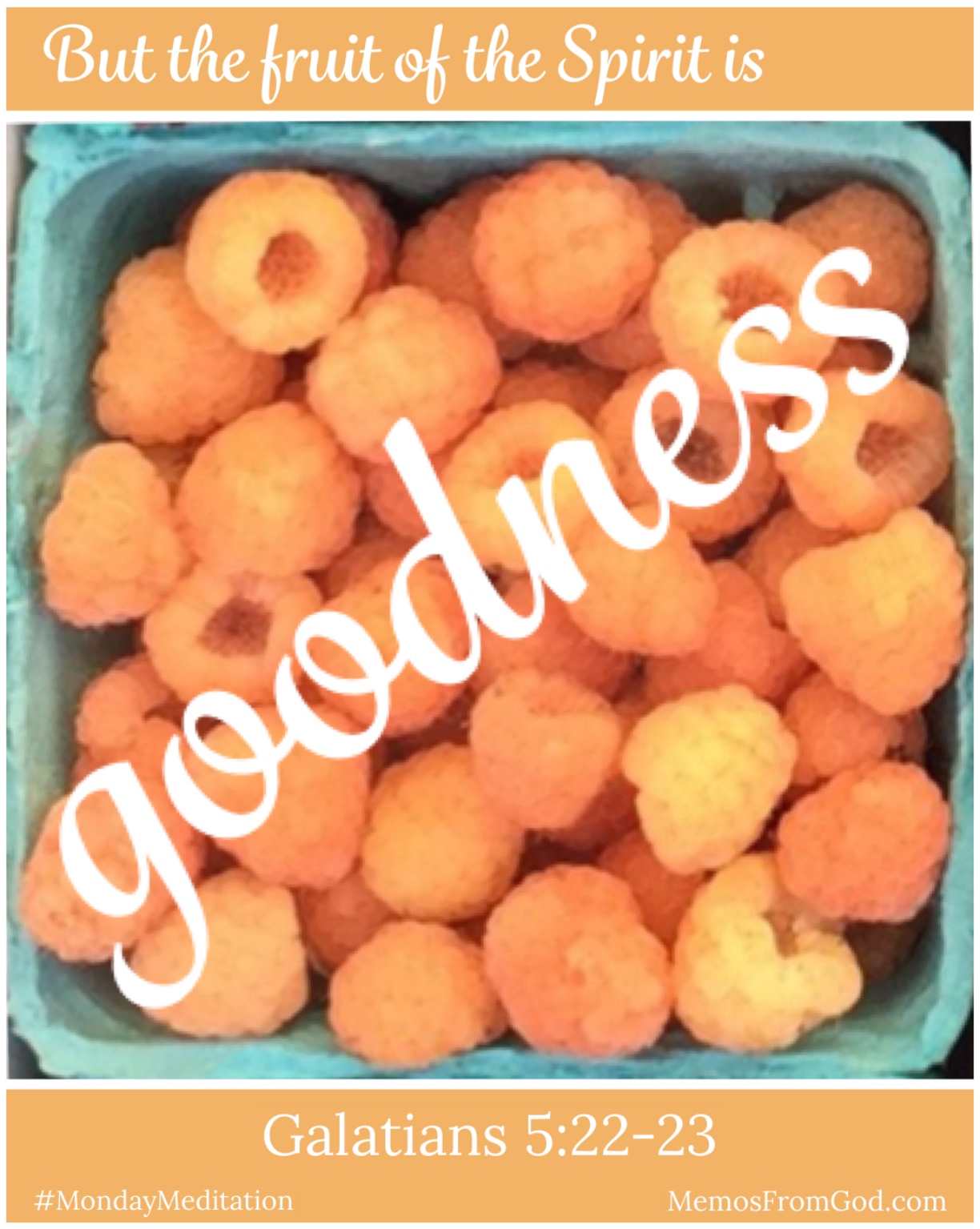 The top view of a pint box of golden raspberries. Caption: But the fruit of the Spirit is goodness. Galatians 5:22-23