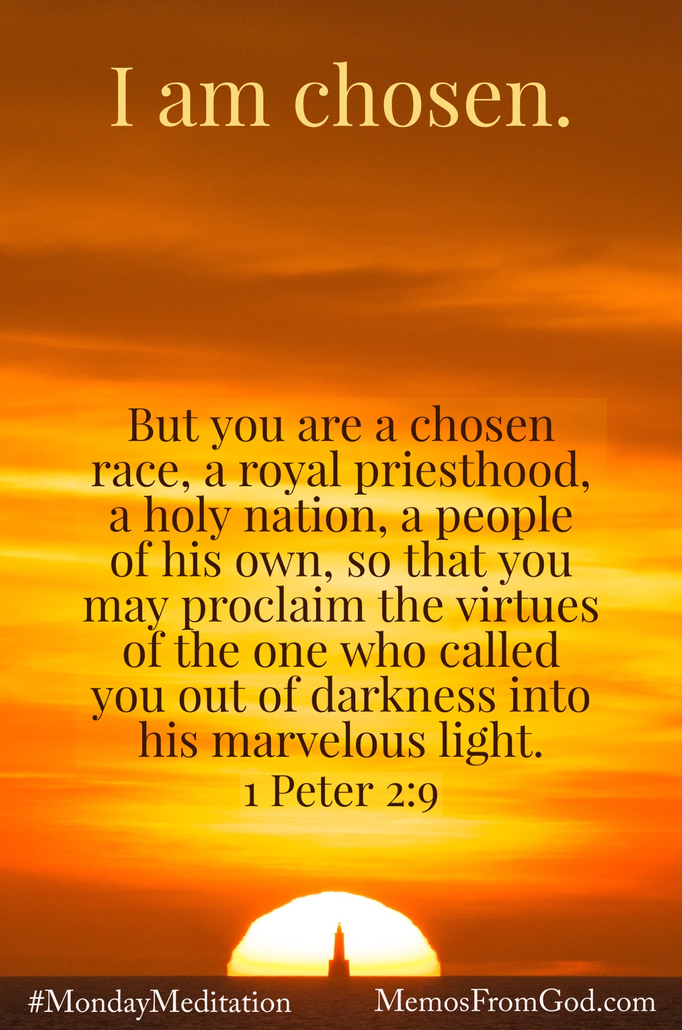 A buoy silhouetted against a bright setting sun in an orange sky. Caption: But you are a chosen race, a royal priesthood, a holy nation, a people of his own, so that you may proclaim the virtues of the one who called you out of darkness into his marvelous light. 1 Peter 2:9