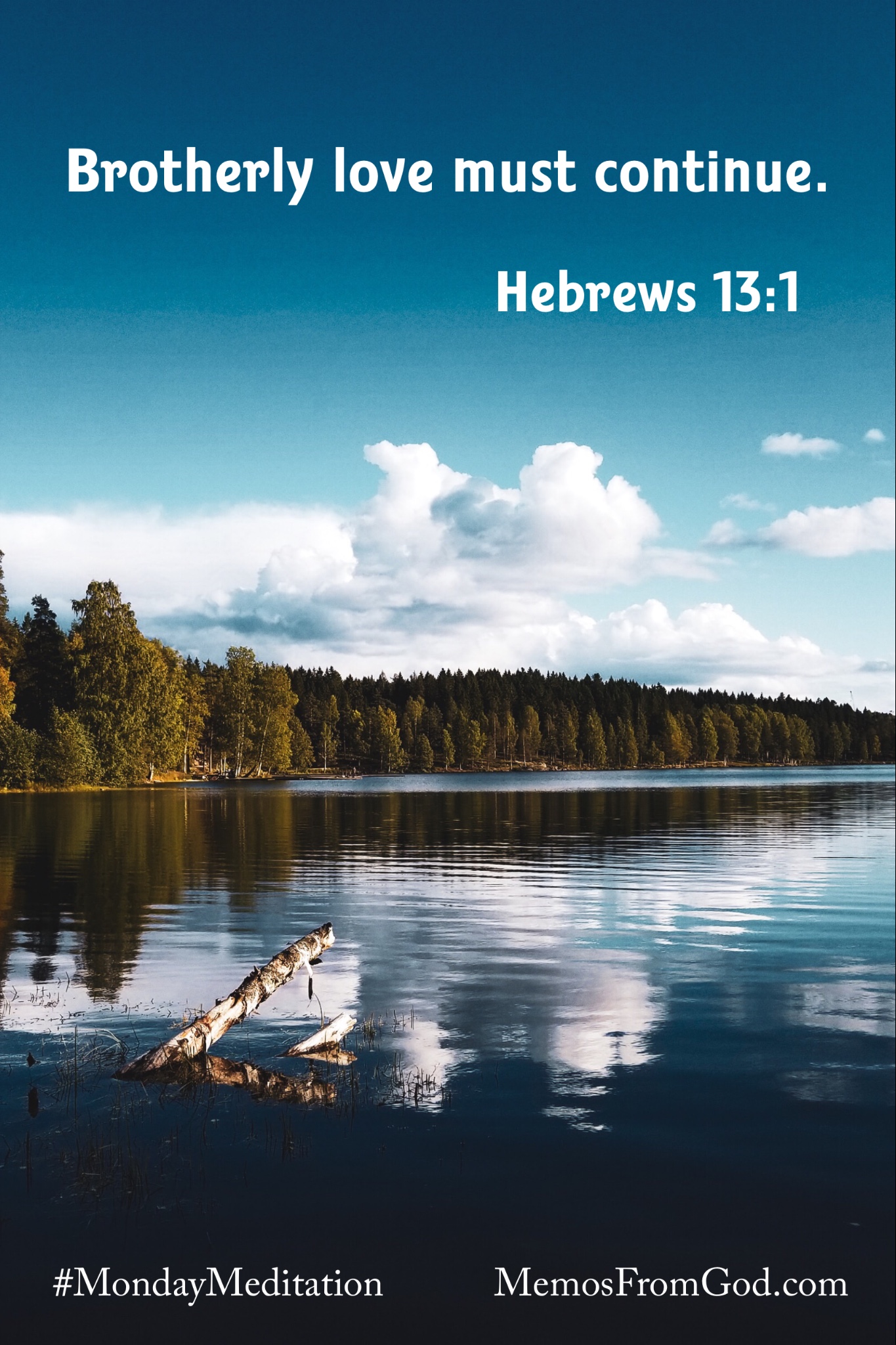 White clouds in a deep teal sky reflecting in a lake with evergreen trees on the horizon. Caption: Brotherly love must continue. Hebrews 13:1