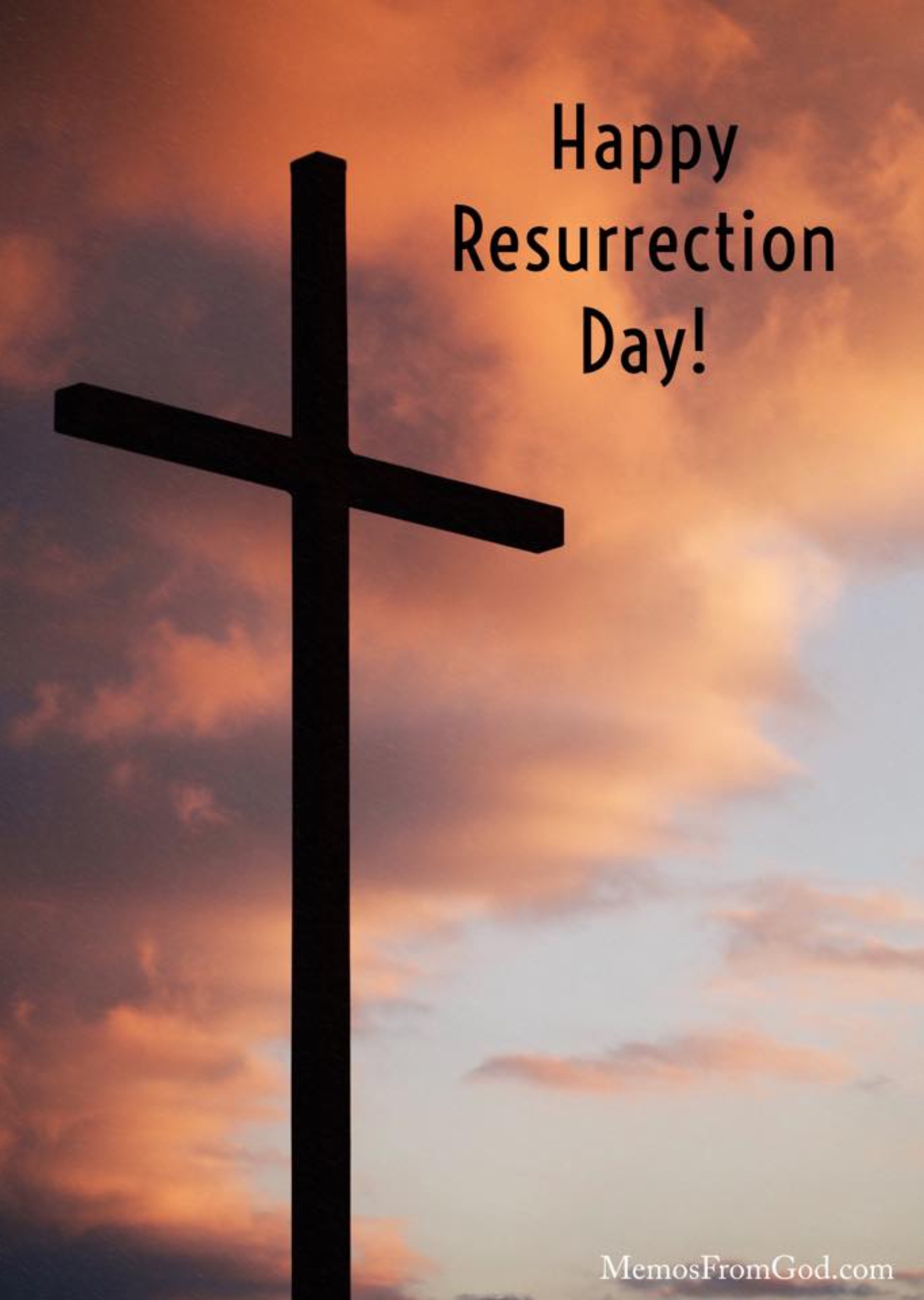 Silhouette of an empty cross in front of a dark orange sky. Caption: Happy Resurrection Day!