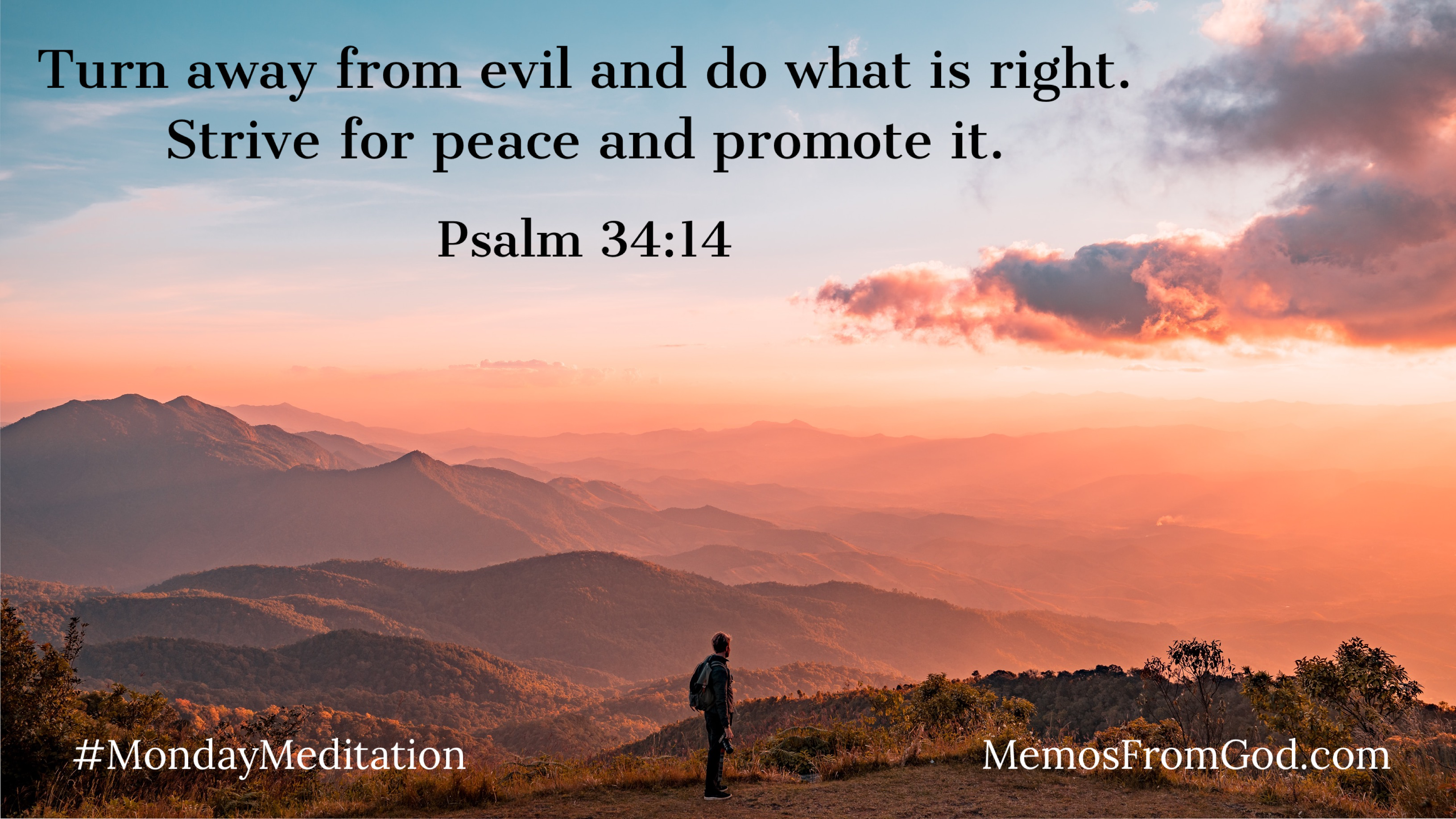 A man in the foreground looking out over mountain tops that are shades of peach in the setting sun. Caption: Turn away from evil and do what is right. Strive for peace and promote it. Psalm 34:14
